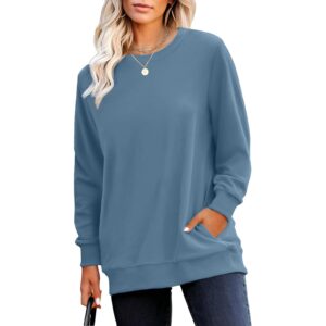 Rund hals efterår sweatshirt for Dame Trendy- Dame's Plain langærmet pullover Tops with Pockets mode