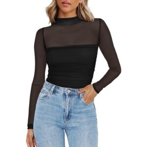 Dame Mesh Sheer langærmet Mock Turtle Neck See Though Shirts Ruched Sexy Casual Going Out bluse