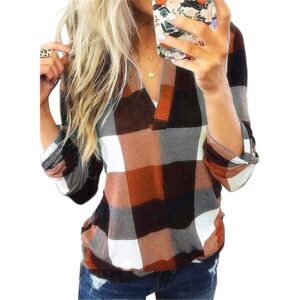 Dame Basic Casual V-hals Plaid print Cuffed langærmet Work Shirts S-3XL bluse