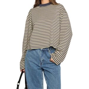 Dame oversize Striped langærmet Shirt rund hals cropped Tops Drop Shoulder Y2K Preppy sweatshirt efterår Clothes