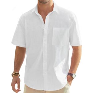 Herre hør kortærmet bomuld Casual Lightweight med knapper-down Beach Vacation Summer Tops with Pocket skjorte
