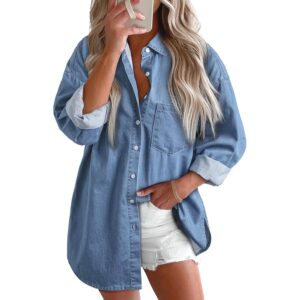 Dame Denim Shirts med knapper V-hals Casual bluse