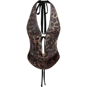 Dame print Sequin Y2K Tie Back Corset Halter Going Out cropped top