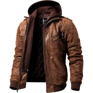Herre Brown Leather Motorcycle jakke with Removable med hætte