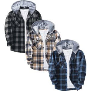 Herre 3 Pack Herre's flannel Hoodie langærmet Casual Vintage med knapper-down Plaid Jacket with Pocket skjorte