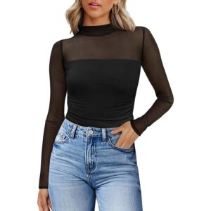 Dame Sexy Mesh langærmet Shirts Fashion Clothing Turtle Necks Sheer Ruched Going Out Fall Outfits Slim Fit bluse
