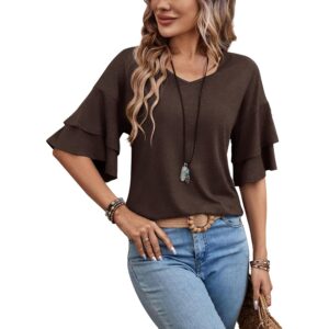 Dame Ruffle Sleeve V-hals T Shirts Casual Outfit Bell Sleeve Spring Fall Summer Fashion Clothes Cute Tunic bluse