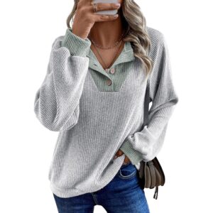 Dame efterår mode 2025 Dame langærmet Shirts Patchwork Button Up V Neck sweatshirt Casual pullover Tops