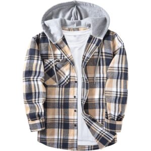 Herre flannel Hoodie Casual med knapper-down Plaid Jackets for Herre langærmet Stylish Hooded with Pocket skjorte