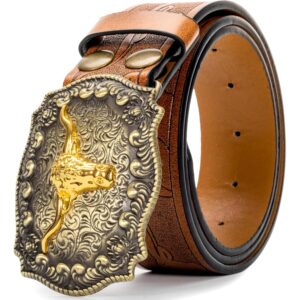 Herre Western Cowboy PU Leather Belt - Men Waist Strap Bull Decoration Floral Engraved for Jeans 25" to 38" Waist bælte
